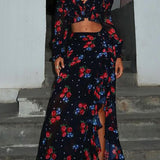 Long Sleeve Cropped Top Ruffled Split Bodycon Skirt Two Piece Set