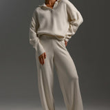Polo Collar Knit Pullover Wide-Leg Pants Two Piece Set