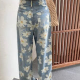 Washed Floral Print Baggy Jeans