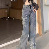 Washed Butterfly Embroidered Flared Jeans