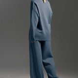 Polo Collar Knit Pullover Wide-Leg Pants Two Piece Set