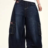 Dark Blue Cargo Wide-Leg Jeans