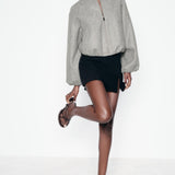 Faux Wool Short Zip Bomber Jacket