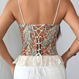 Lace Trim Patchwork Boned Corset Tank Top