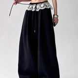 Lace Insert Ruffle Wide Leg Pants