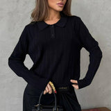 Jacquard Polo Collar Long Sleeve Loose Blouse