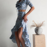 Floral Light Blue Ruffled Split Midi Skirt Two Piece Set