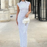 Elegant Polka Dot Round Neck Maxi Dress