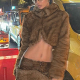 Furry Retro Crop Top Skirt Fox Fur Two Piece Set