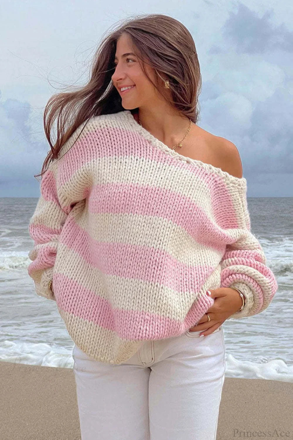 Casual Loose Off-Shoulder Striped Sweet Sweater