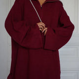 casual Solid Angora Red Half-Zip Knit Two Piece Set
