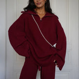 casual Solid Angora Red Half-Zip Knit Two Piece Set