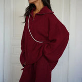 casual Solid Angora Red Half-Zip Knit Two Piece Set