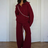 casual Solid Angora Red Half-Zip Knit Two Piece Set
