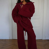 casual Solid Angora Red Half-Zip Knit Two Piece Set