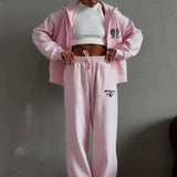 Casual Zip Hooded Embroidered Sweatpants Two Piece Set