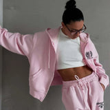 Casual Zip Hooded Embroidered Sweatpants Two Piece Set