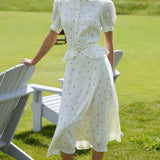 Puff Sleeve Floral Stand Collar Waist Cinch Two Piece Set