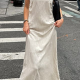 Khaki Linen Cotton Cami Loose Office Maxi Dress