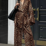 Chic Printed Long-Sleeve Shirt Belted Wide-Leg Pants Two Piece Set
