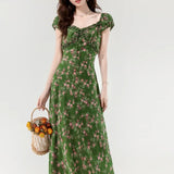 Retro Slim Green V-Neck Floral Dress