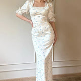 Satin Puff Sleeve Floral Dress