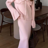 Bell-Sleeve Pink Polo Collar Cardigan Straight Skirt Two Piece Set