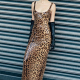 Leopard Sequin Sheer Cape Spaghetti Strap Backless Prom Dress