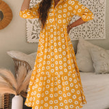 Yellow Flower Print Bracelet Sleeve Buttons Collared Maxi Dress
