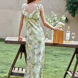 Leaf Edge V-neck Ruffle Vacation Floral Dress