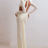 Long-Sleeve Ruched Color-Block Cutout Waist Slim Party Dress