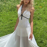 Floral Print Polka Dot Backless Tie Maxi Dress