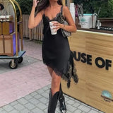Alluring Asymmetric Lace Trim Fitted Mini Dress
