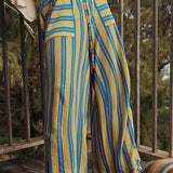 Beach Style Striped Drawstring Wide Leg Pants