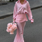 Elegant Creative Street Style Solid Long Sleeve Shirtdress Two Piece Set