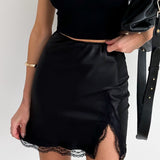 High Waist Lace Panel Slit Office Mini Skirt