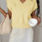 Deep V Solid Knit Short Sleeve Sweater