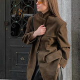 Brown Single-Breasted Suede Blazer