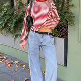 Striped Color Block Crew Neck Loose Long Sleeve Tee