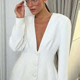 White Deep V-neck Blazer Pants Office Two Piece Set