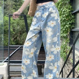 Washed Floral Print Baggy Jeans