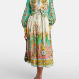 Unique Exquisite Fashion Print Puff Sleeve Tie Midi Dress