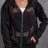 Rhinestone Zip Up Gothic Hoodie