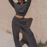 Chic Athleisure Stand Collar Sweatshirt Elastic Jogger Two Piece Set