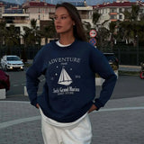 Chic Printed Crew Neck Oversized Long Sleeve Sweatshirt