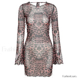 Chic Sexy Backless Leopard Print Summer Women's 2024 New Full Flare Sleeve Skinny Hip Wrap Mini Dress