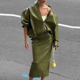 Chic Solid Patent Leather Stand Collar Jacket Skirt Two Piece Set