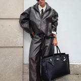 Chic Solid Patent Leather Stand Collar Jacket Skirt Two Piece Set