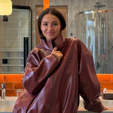 Chic Solid Patent Leather Stand Collar Jacket Skirt Two Piece Set