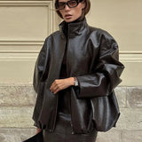 Chic Solid Patent Leather Stand Collar Jacket Skirt Two Piece Set